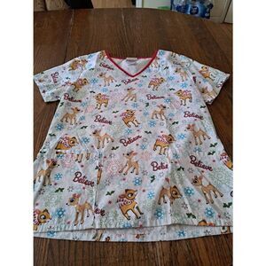 Small Rudolph Red Nose Reindeer Christmas Holiday Believe Short Sleeve Scrub Top